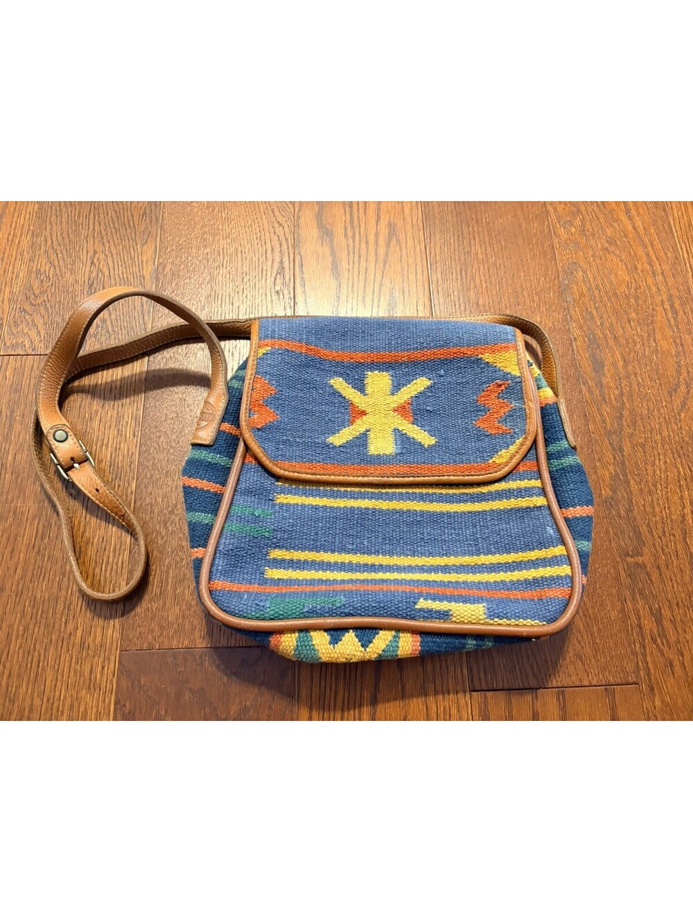Vintage Fossil Crossbody Shoulder Bag Aztec Native Loomed Cotton Leather Trim